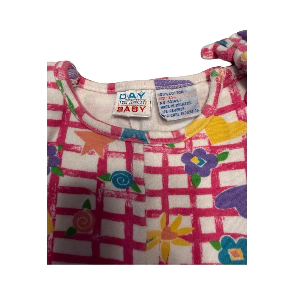 Vintage Day Sportswear Baby Pink Grid Heart‎ Floral Bubble Romper 24M 90s Cotton